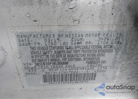 2019 Nissan Versa 1.6 S+ from USA, damaged, VIN 3N1CN7AP1KL860890